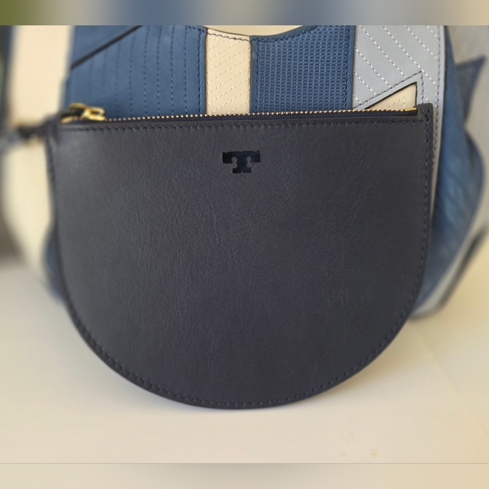 Tory Burch Rare Suede Patchwork Tote Wood Handle Navy Colorblock Pouch Crossbody - Picture 7 of 13